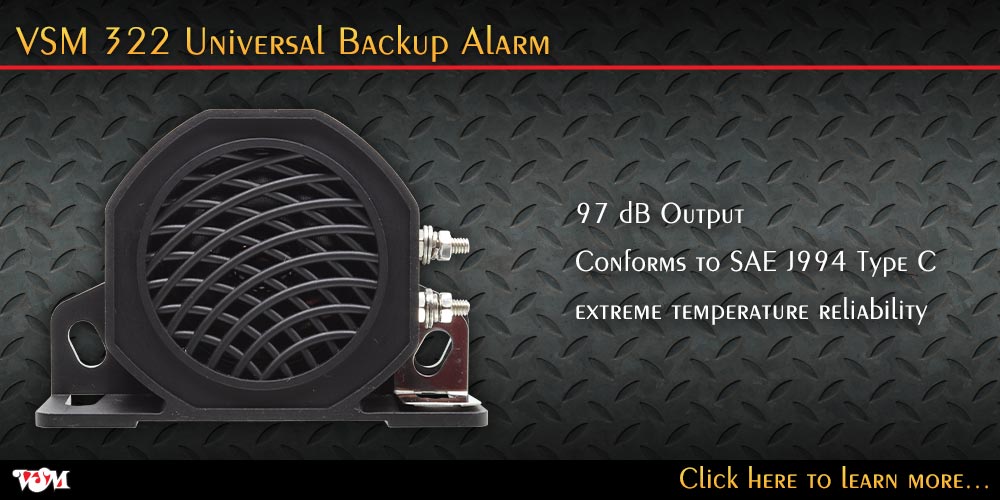 An image showing a backup alarm. Beside the image of the alarm is test that reads 97 decibels, Conforms to SAE J994 Type C, and -30 degrees celsius to 77 degrees celsius extreme temperature reliability